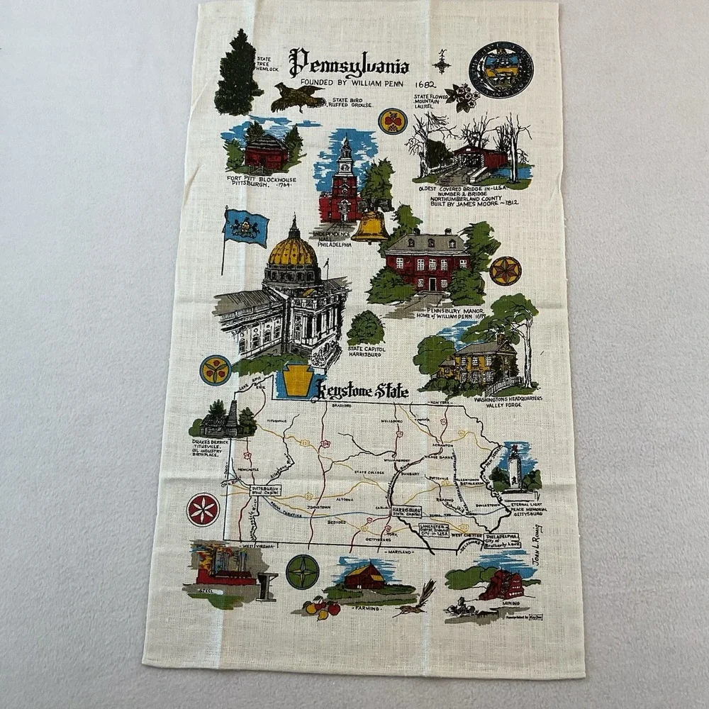 Kay Dee Handprints Linen Kitchen Towel Pennsylvania Map Tourist Attractions VTG